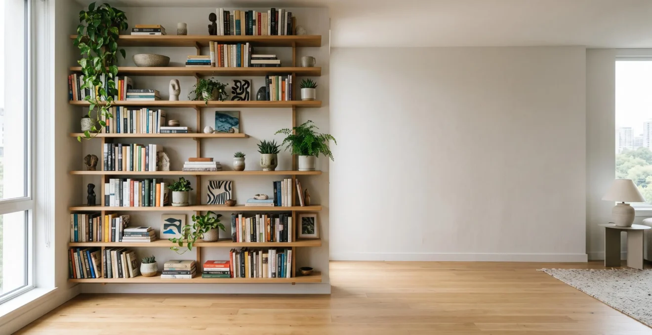 Pared de un salón pequeño transformada en un sistema de almacenaje vertical con estanterías flotantes de distintas profundidades