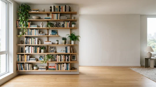 Pared de un salón pequeño transformada en un sistema de almacenaje vertical con estanterías flotantes de distintas profundidades