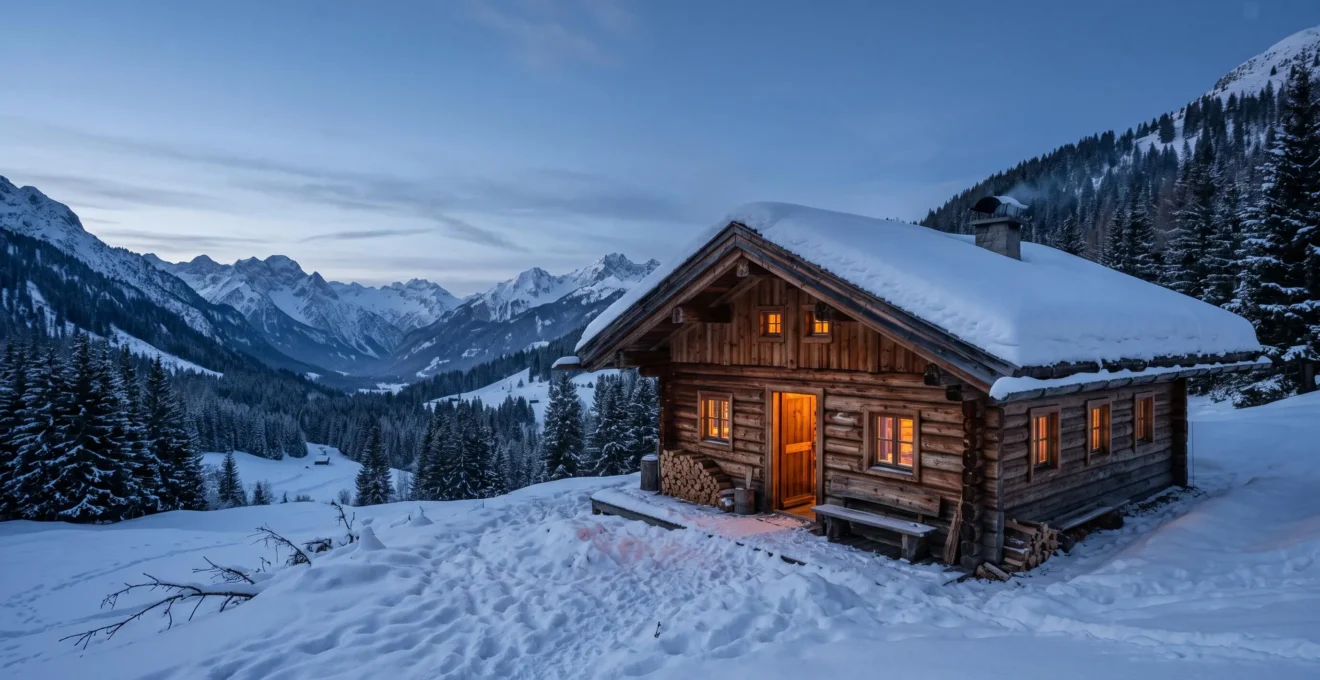 Cabaña de madera maciza en un valle alpino nevado que representa el aislamiento térmico tradicional