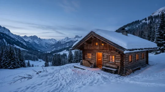 Cabaña de madera maciza en un valle alpino nevado que representa el aislamiento térmico tradicional