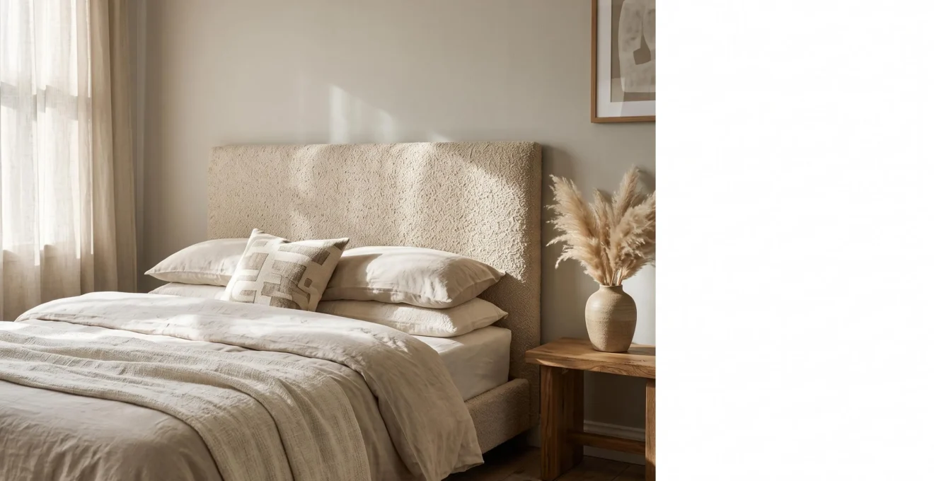 Dormitorio moderno con un cabecero tapizado artesanal como pieza central de la decoración, luz natural cálida entrando por la ventana