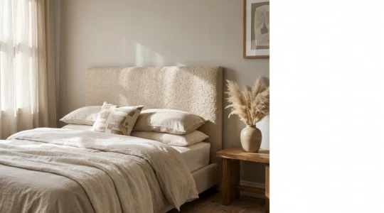 Dormitorio moderno con un cabecero tapizado artesanal como pieza central de la decoración, luz natural cálida entrando por la ventana