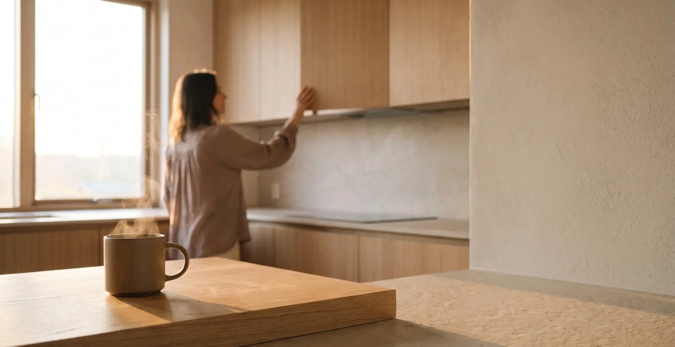 Cocina moderna y ordenada iluminada por luz natural de la mañana, con una taza de café humeante en primer plano y espacio despejado alrededor