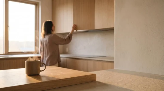 Cocina moderna y ordenada iluminada por luz natural de la mañana, con una taza de café humeante en primer plano y espacio despejado alrededor