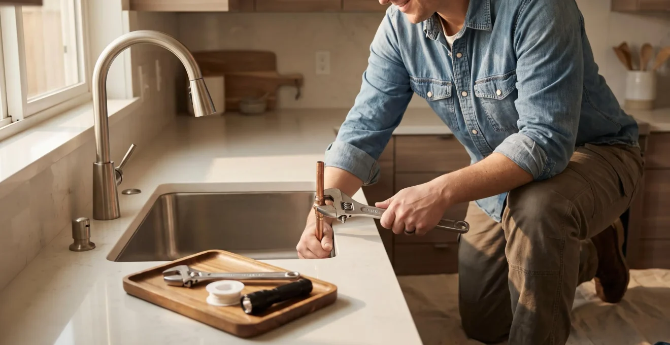 Persona instalando un grifo nuevo en una cocina moderna con herramientas básicas de bricolaje sobre la encimera