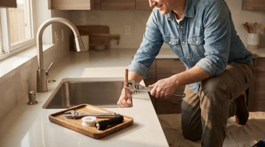 Persona instalando un grifo nuevo en una cocina moderna con herramientas básicas de bricolaje sobre la encimera