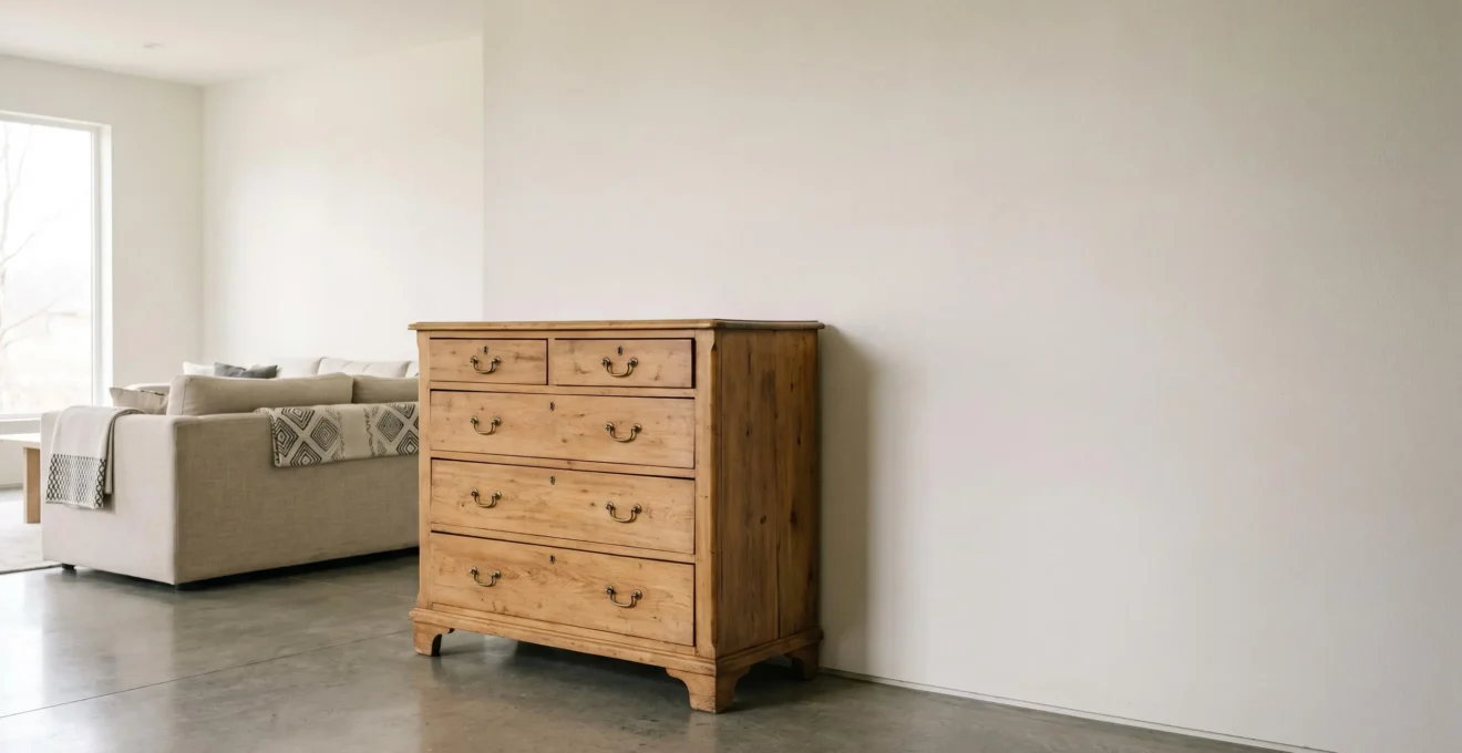 Comoda antigua de madera con vetas visibles integrada en un salon moderno y minimalista con luz natural