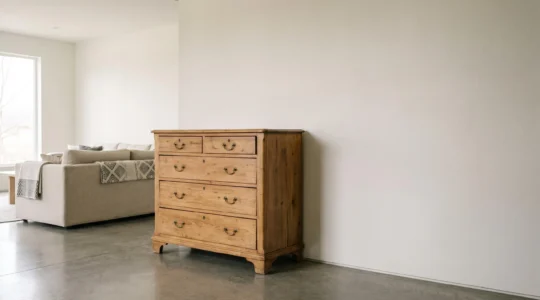 Comoda antigua de madera con vetas visibles integrada en un salon moderno y minimalista con luz natural