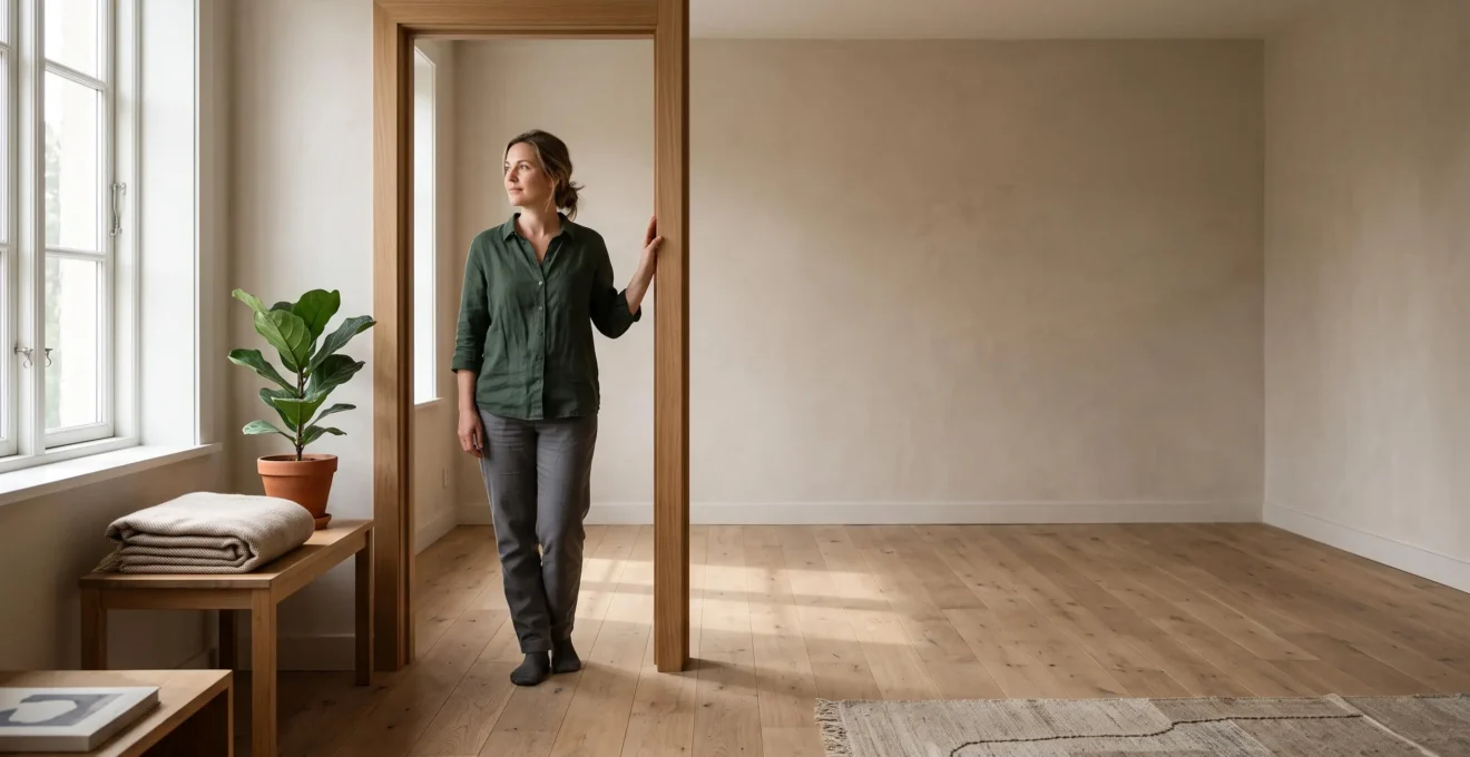 Persona contemplando en calma una habitación luminosa y despejada tras un proceso de descarte de objetos