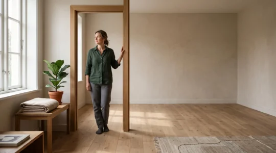Persona contemplando en calma una habitación luminosa y despejada tras un proceso de descarte de objetos