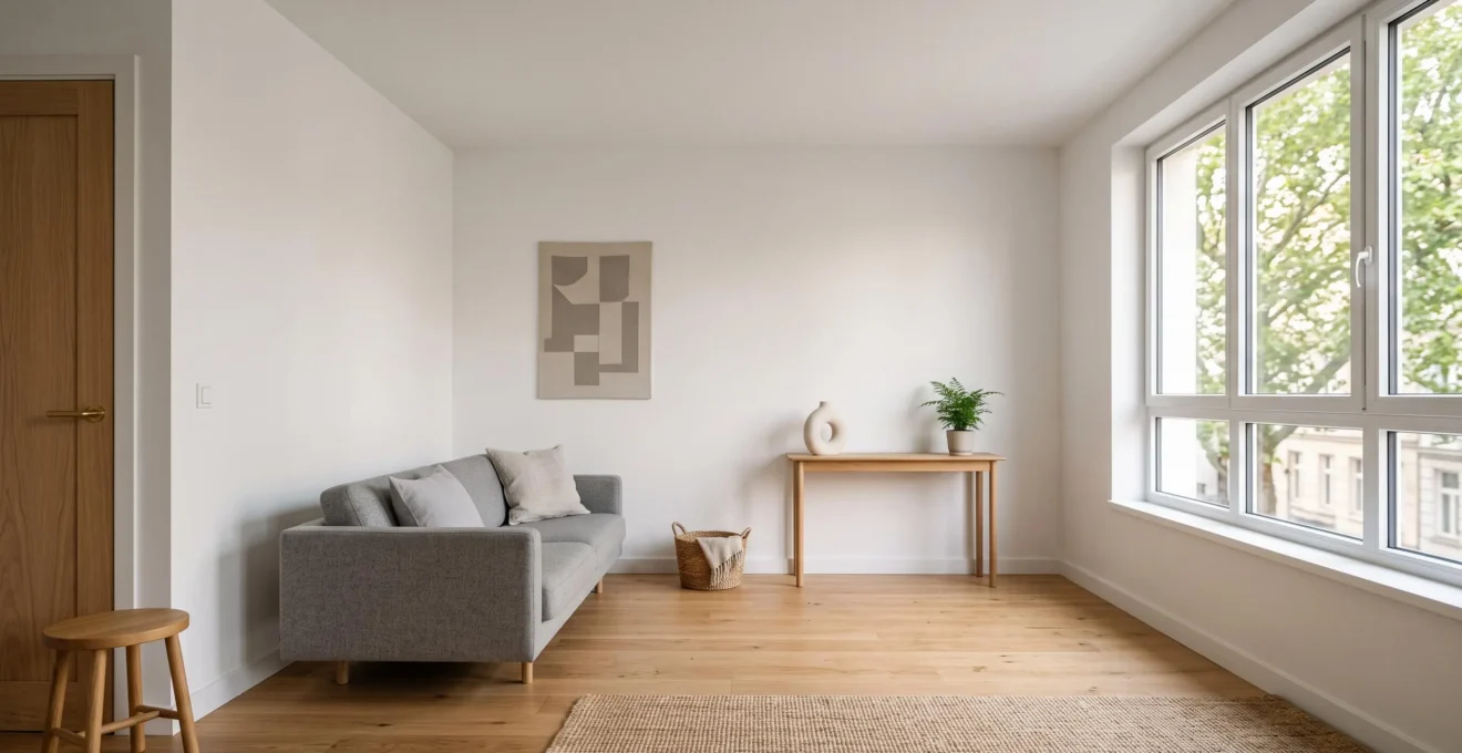 Salón de un piso de 50 m² con distribución fluida de muebles, pasillo despejado y luz natural que amplifica la sensación de espacio