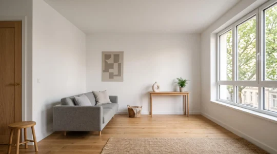Salón de un piso de 50 m² con distribución fluida de muebles, pasillo despejado y luz natural que amplifica la sensación de espacio