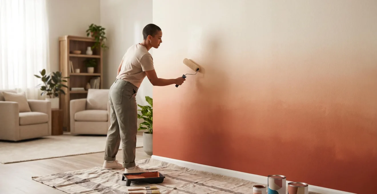 Persona aplicando con seguridad una técnica de pintura decorativa en degradado sobre una pared de un salón luminoso