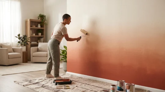 Persona aplicando con seguridad una técnica de pintura decorativa en degradado sobre una pared de un salón luminoso