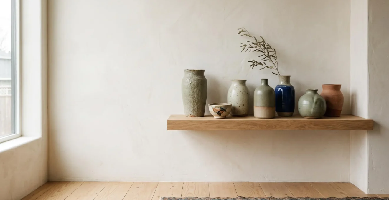Estantería minimalista con una selección curada de cerámicas de viaje iluminadas por luz natural