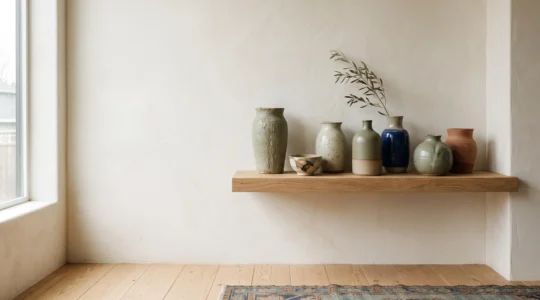 Estantería minimalista con una selección curada de cerámicas de viaje iluminadas por luz natural