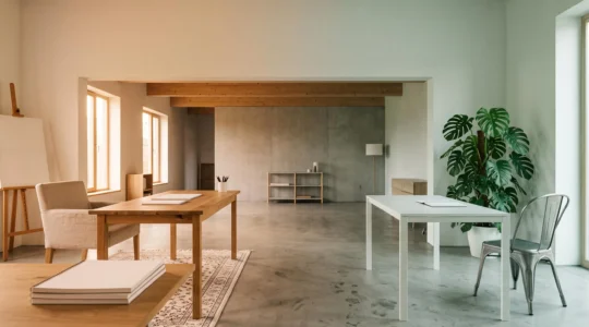 Estudio creativo con un lado bañado en luz dorada calida y el otro en tono verde azulado fresco, simbolizando el cambio de color para la productividad