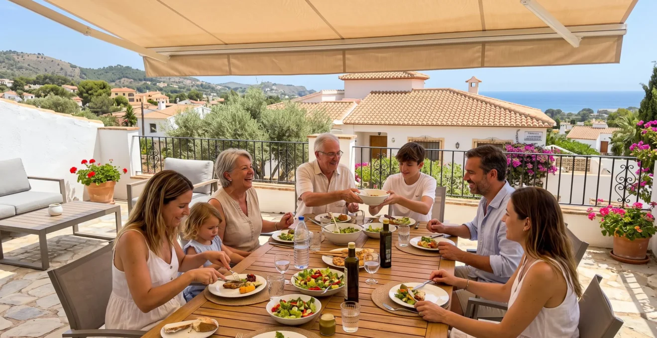 Una familia disfruta de una comida al aire libre en una terraza moderna bajo la sombra de un toldo desplegado