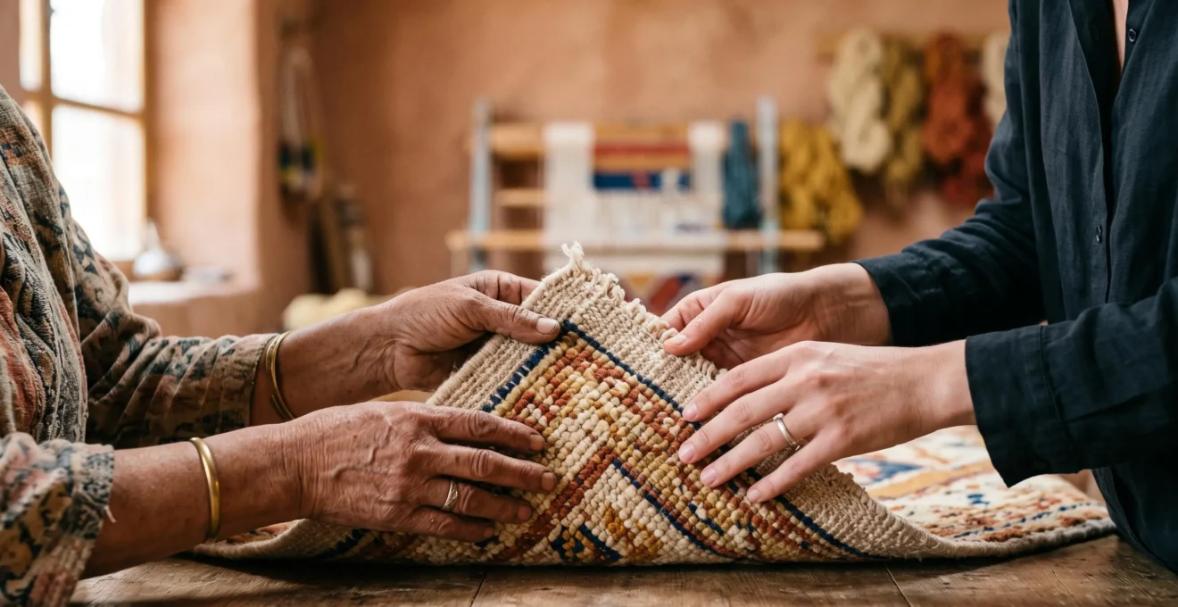 Comprador examinando de cerca el reverso anudado a mano de una alfombra bereber autentica en un taller artesanal