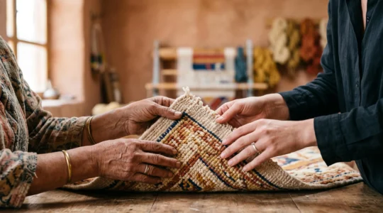 Comprador examinando de cerca el reverso anudado a mano de una alfombra bereber autentica en un taller artesanal