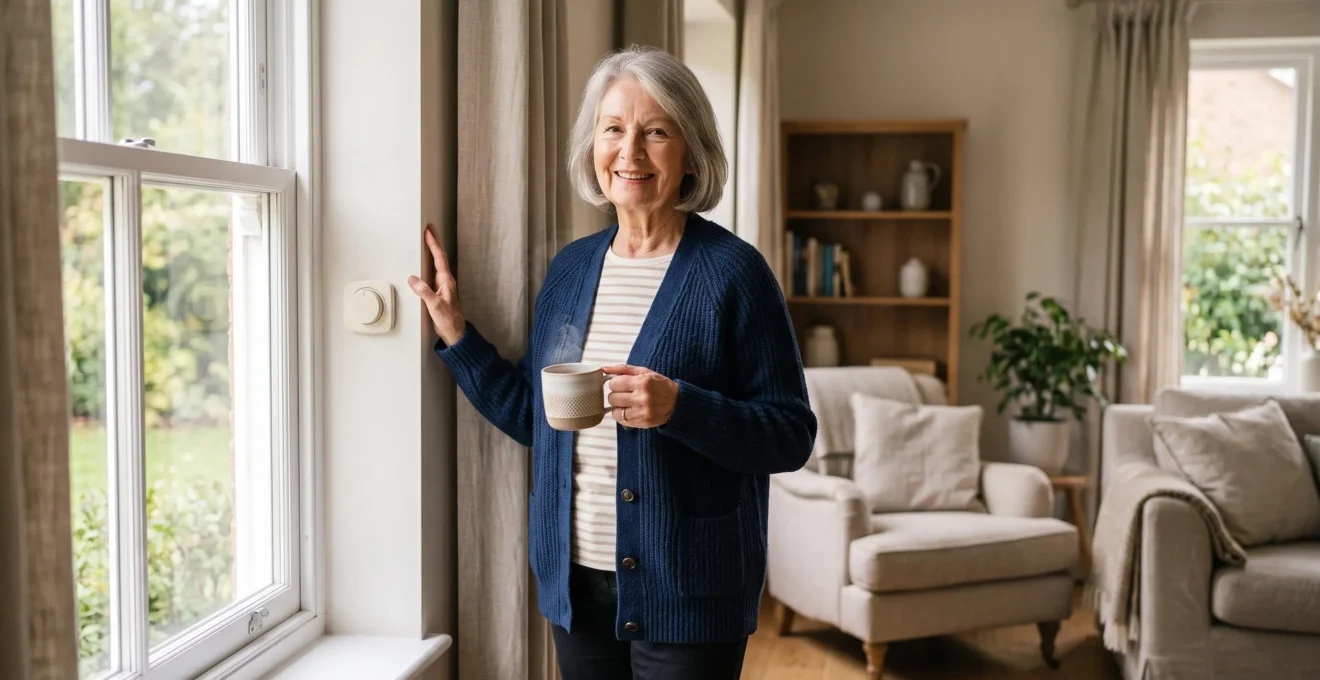 Persona mayor de más de 70 años en su salón luminoso, con dispositivos domóticos discretamente integrados en el hogar