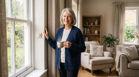 Persona mayor de más de 70 años en su salón luminoso, con dispositivos domóticos discretamente integrados en el hogar