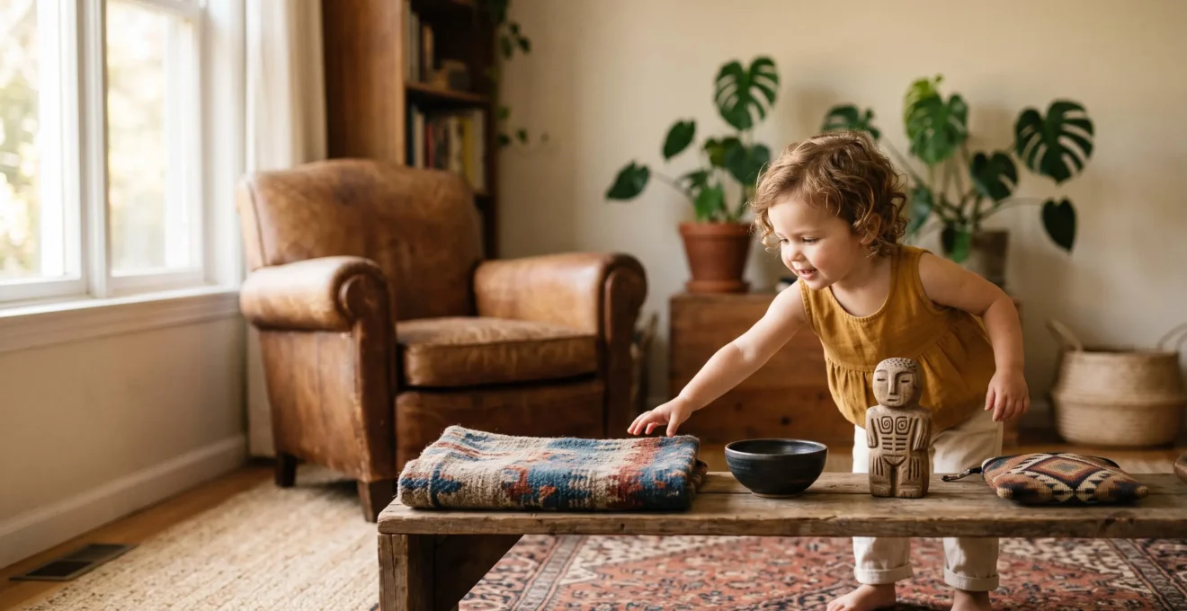 Niño explorando objetos artesanales de diferentes culturas dispuestos en una estantería cálida del salón familiar