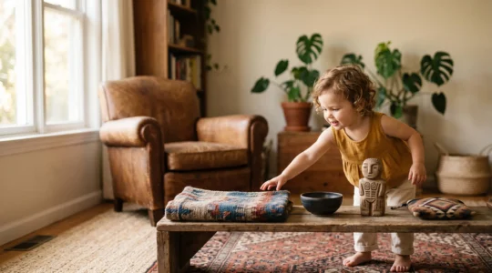 Niño explorando objetos artesanales de diferentes culturas dispuestos en una estantería cálida del salón familiar