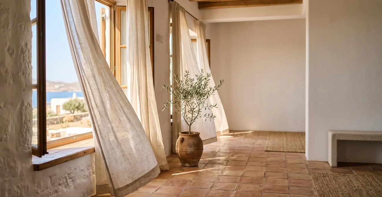 Salón mediterráneo luminoso con cortinas de lino natural ondeando junto a una ventana abierta en verano
