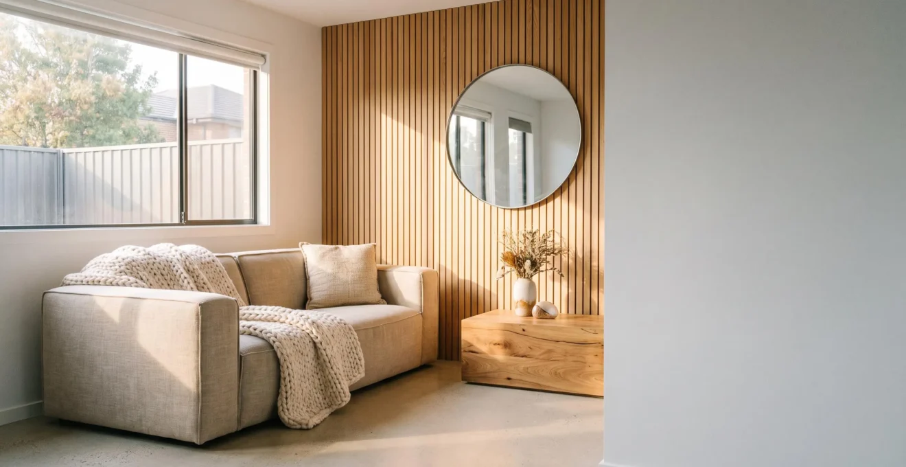 Salón contemporáneo con líneas rectas arquitectónicas suavizadas por luz cálida, madera natural y texturas acogedoras