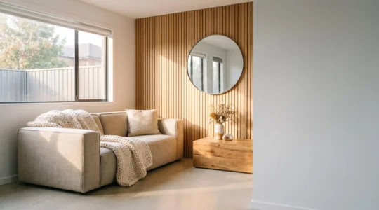 Salón contemporáneo con líneas rectas arquitectónicas suavizadas por luz cálida, madera natural y texturas acogedoras