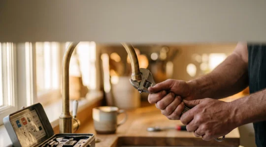 Manos de una persona reparando un grifo de cocina, simbolizando el ahorro y la autonomia del bricolaje domestico