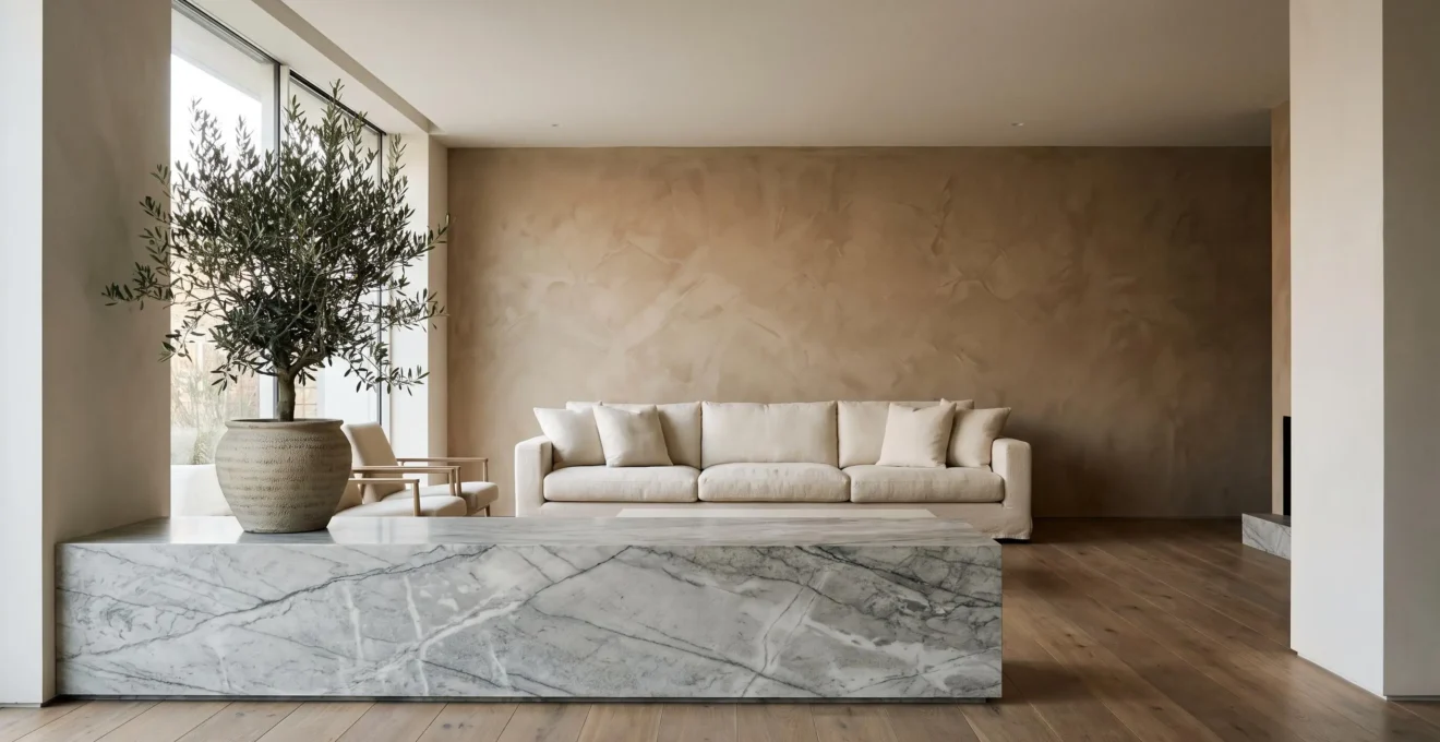 Salón contemporáneo con paredes de arcilla, suelo de madera de roble y mobiliario de piedra en composición minimalista y elegante