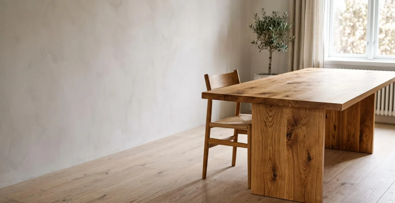 Mesa de comedor de roble macizo con vetas naturales visibles, iluminada por luz cálida de atardecer en un salón minimalista