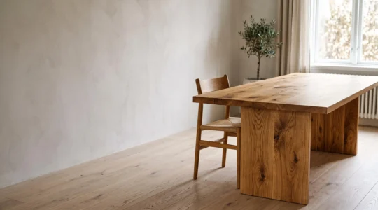 Mesa de comedor de roble macizo con vetas naturales visibles, iluminada por luz cálida de atardecer en un salón minimalista