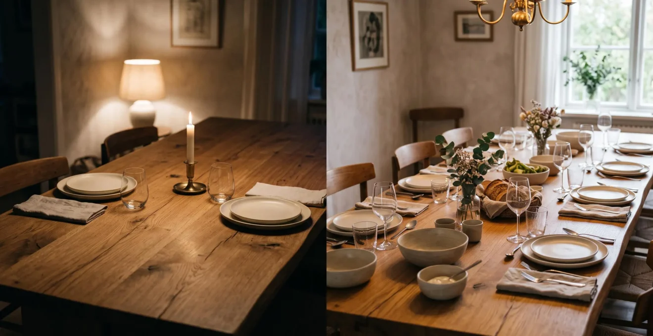 Mesa de comedor extensible fotografiada en dos momentos superpuestos, mostrando su transformación de un ajuste íntimo a una gran reunión