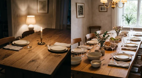 Mesa de comedor extensible fotografiada en dos momentos superpuestos, mostrando su transformación de un ajuste íntimo a una gran reunión