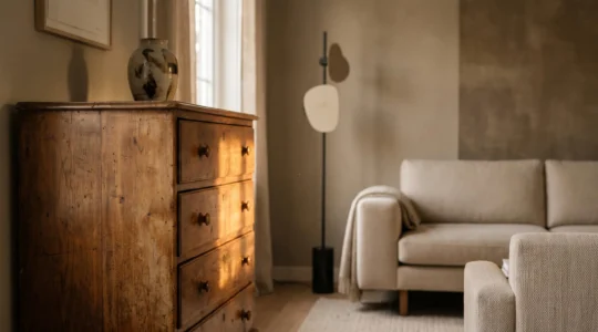 Cómoda antigua de familia con pátina natural iluminada suavemente en un hogar cálido, símbolo de memoria y herencia