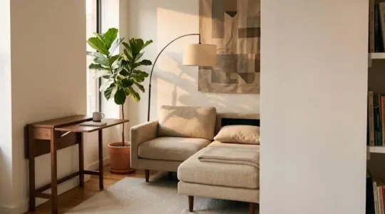 Salón pequeño y luminoso con un sofá cama de diseño y una mesa auxiliar transformable, mostrando cómo el mobiliario multifuncional maximiza el espacio sin perder estilo