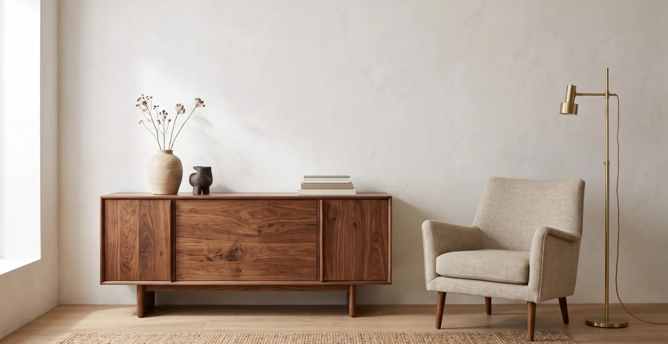 Salón contemporáneo con mueble de nogal integrado en una composición cálida y minimalista, sin elementos anticuados