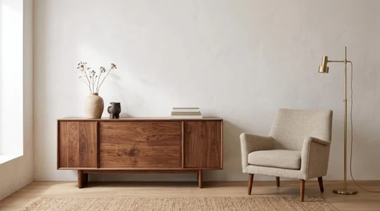 Salón contemporáneo con mueble de nogal integrado en una composición cálida y minimalista, sin elementos anticuados