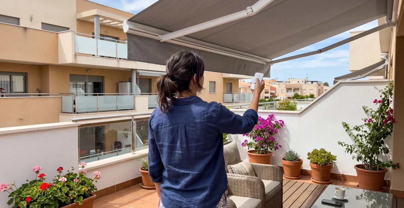 Persona vista de espaldas accionando un mando a distancia para ajustar un toldo motorizado en una terraza contemporánea española