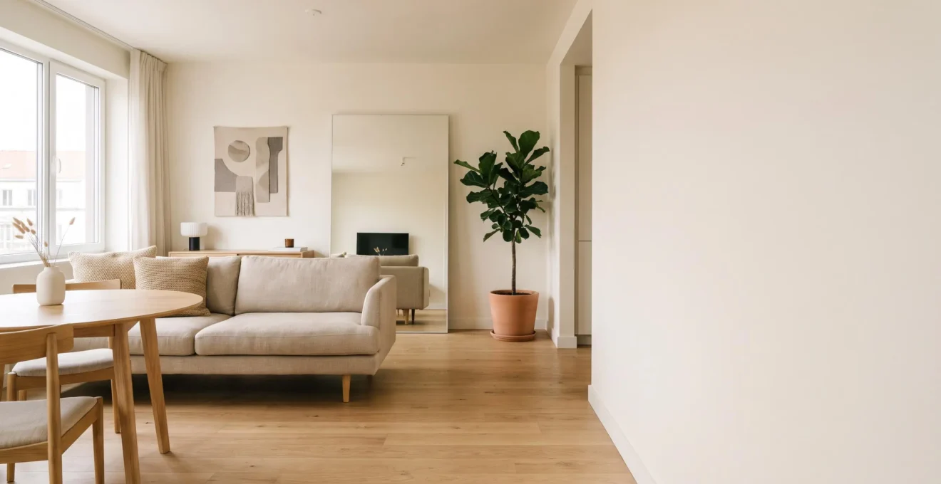 Salón luminoso de un piso pequeño con distribución abierta que transmite amplitud visual