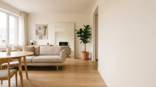 Salón luminoso de un piso pequeño con distribución abierta que transmite amplitud visual