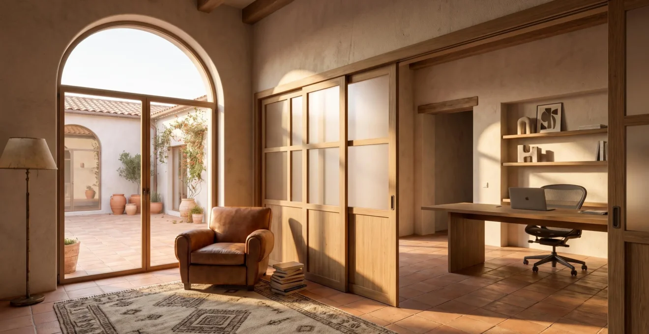 Vivienda familiar contemporánea con espacios flexibles que sugieren distintas etapas de vida, representada en un amanecer cálido