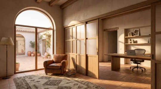 Vivienda familiar contemporánea con espacios flexibles que sugieren distintas etapas de vida, representada en un amanecer cálido