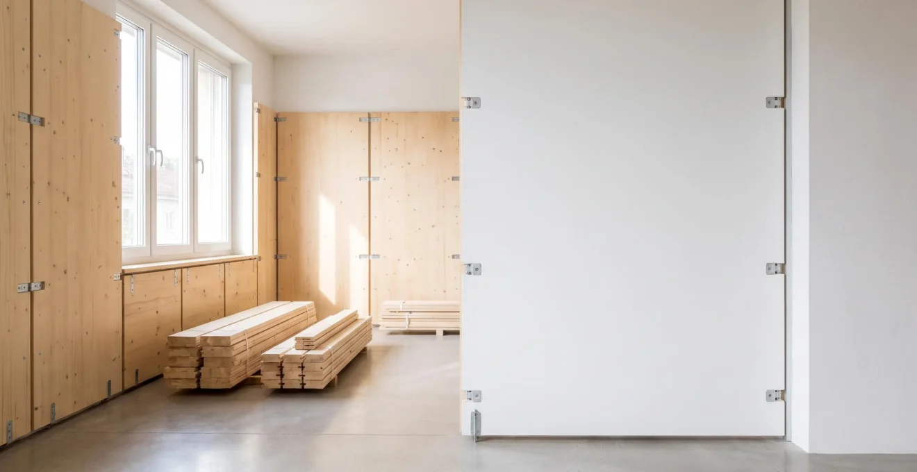 Interior de una vivienda reformada con paneles y módulos desmontables organizados de forma ordenada, sin escombros visibles