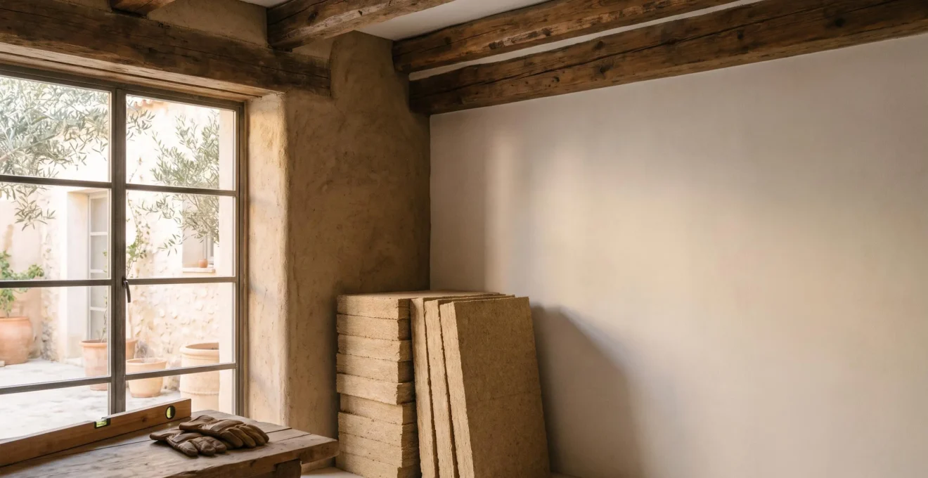 Interior de una vivienda reformada con materiales naturales como madera, arcilla y fibras vegetales, iluminado con luz natural cálida.