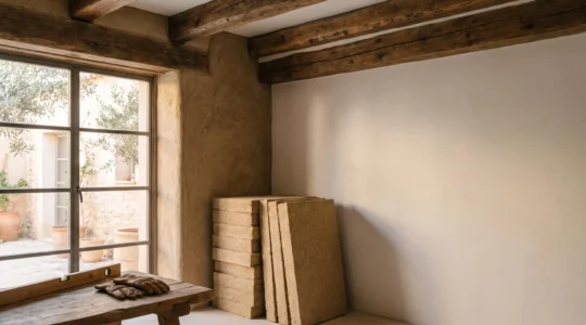 Interior de una vivienda reformada con materiales naturales como madera, arcilla y fibras vegetales, iluminado con luz natural cálida.