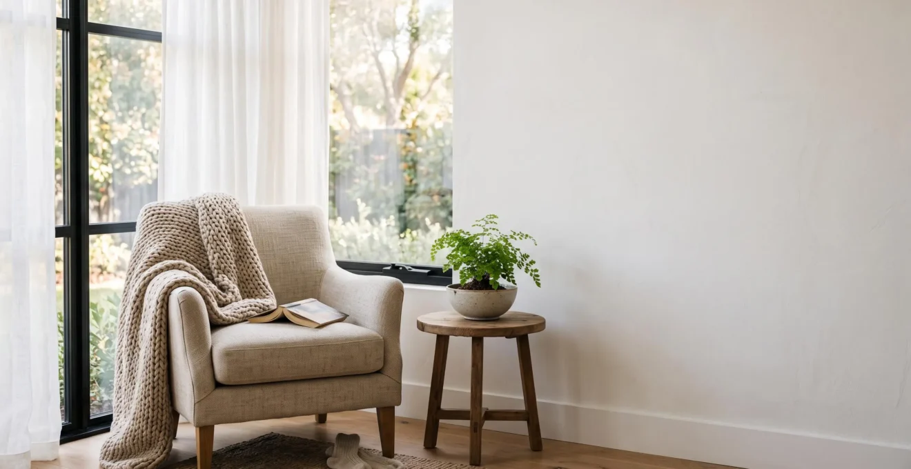 Rincón de calma acogedor en el hogar con luz natural, planta y textura suave para reducir la ansiedad